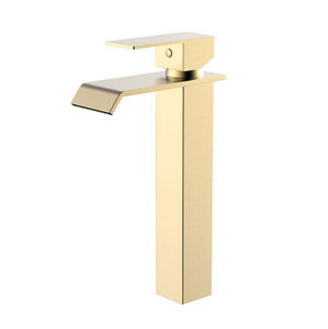 Brushed gold single hole tall waterfall faucet for vessel sink