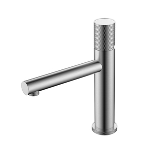 Stainless steel satin round basin mixer tap with knurling handle